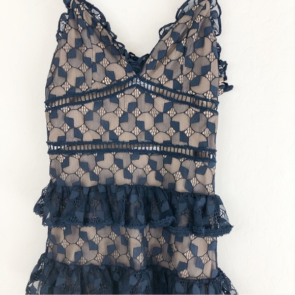 J.O.A Navy Blue Nude Lace Tiered Skirt Dress size Small - Picture 3 of 10